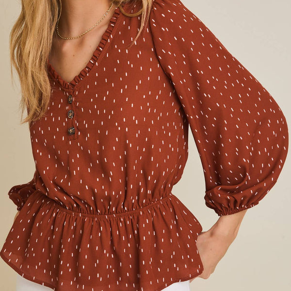 V-NECK BUTTON UP LONG SLEEVE FLARE HEM ABSTRACT TOP
