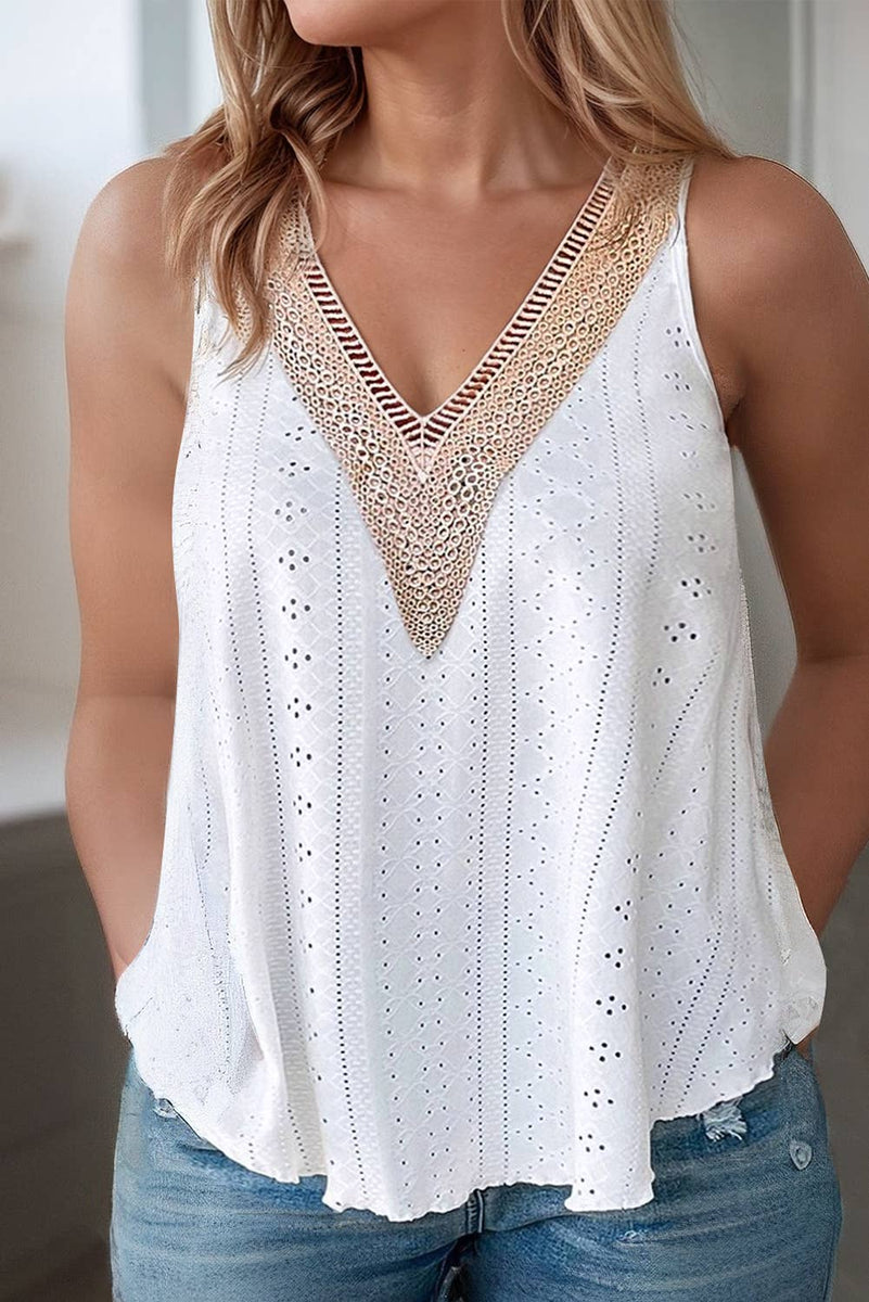 V -Neck Eyelet Lace Tank Top- Curvy