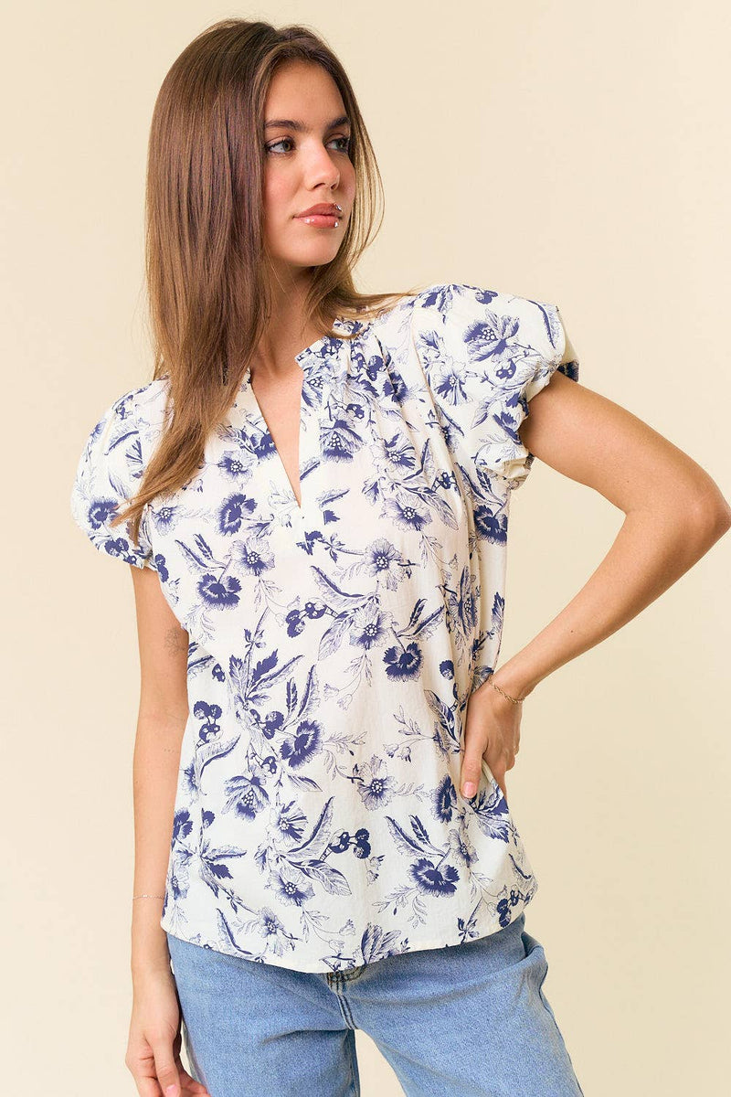 Floral Print Ruffle V-Neck Blouse