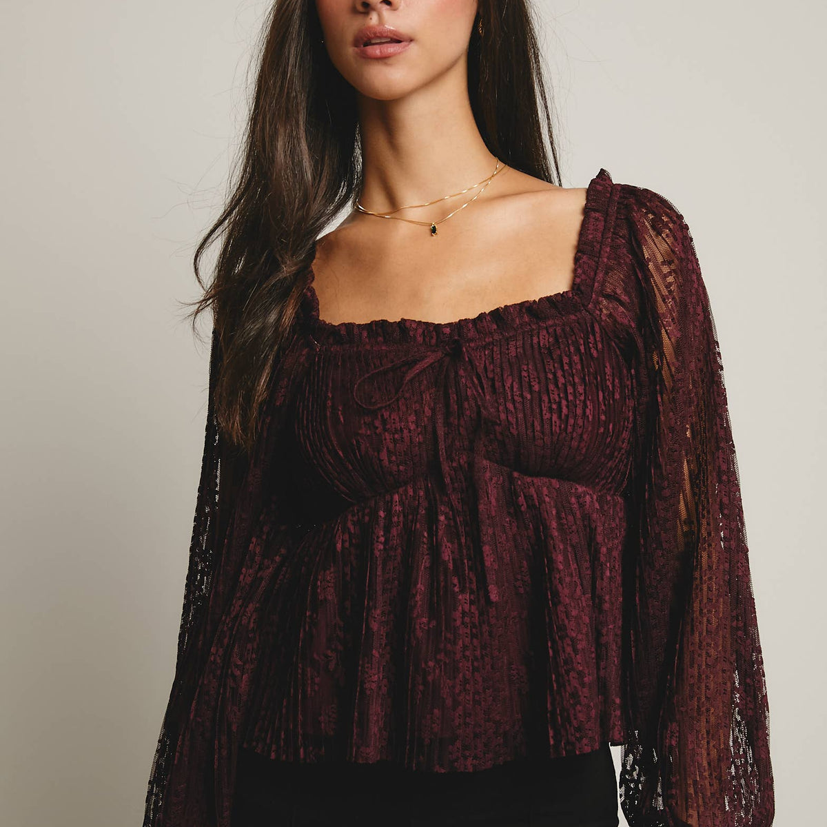 Zoey Pleated Lace Peplum Blouse