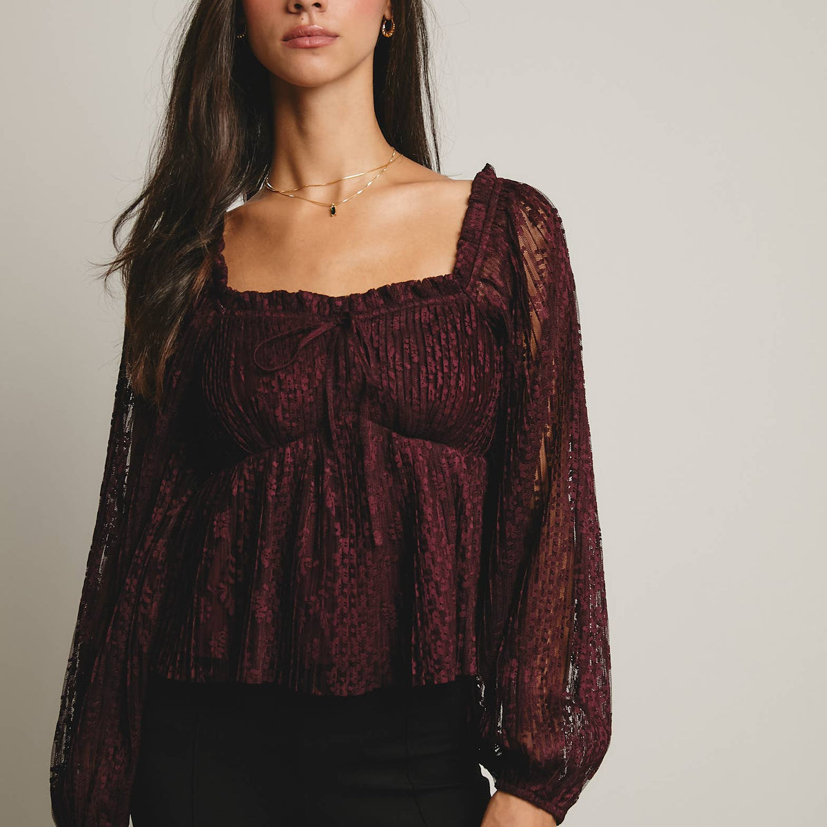 Zoey Pleated Lace Peplum Blouse