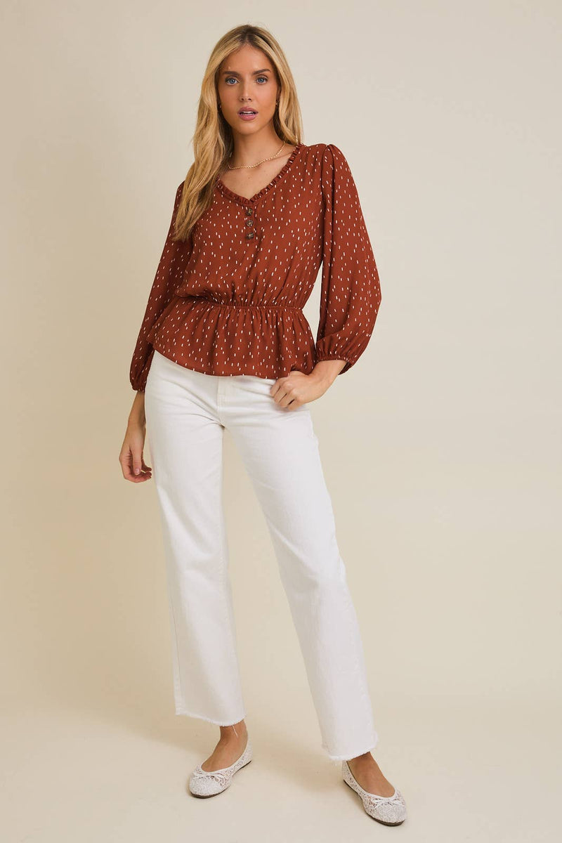 V-NECK BUTTON UP LONG SLEEVE FLARE HEM ABSTRACT TOP