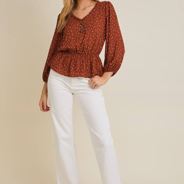 V-NECK BUTTON UP LONG SLEEVE FLARE HEM ABSTRACT TOP