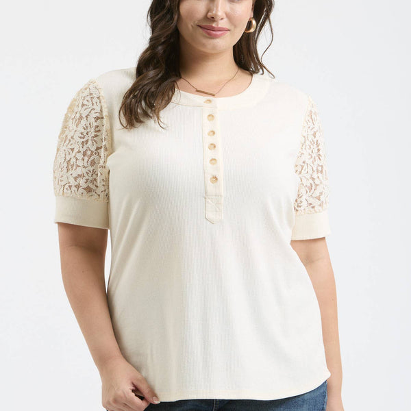 Lacey Puffy Sleeve Knit Top-Curvy