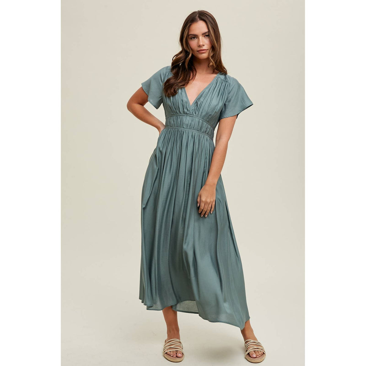 Satin Flutter Sleeve Midi Dress