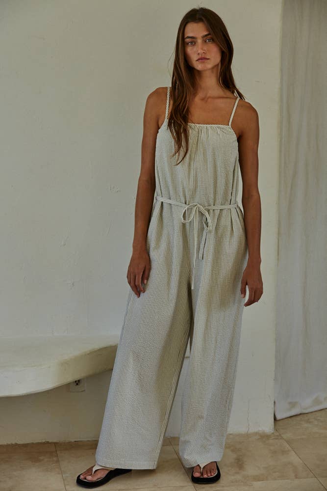 Woven Cotton Striped Square Neck Wide Leg Jumpsuit