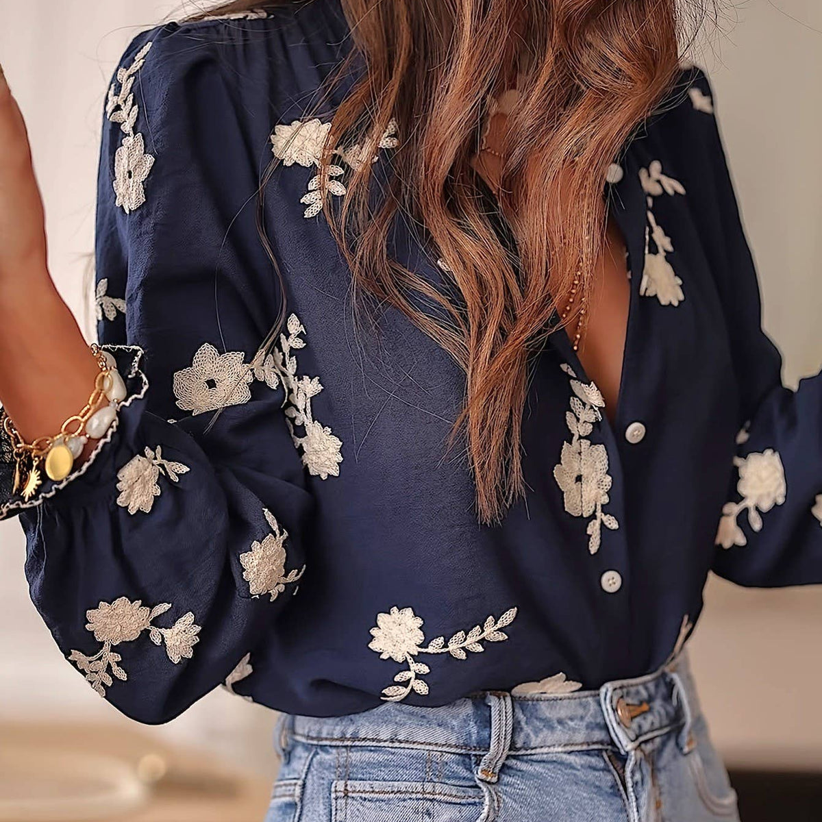 Boho Midnight Ecru Floral Ruffled Blouse