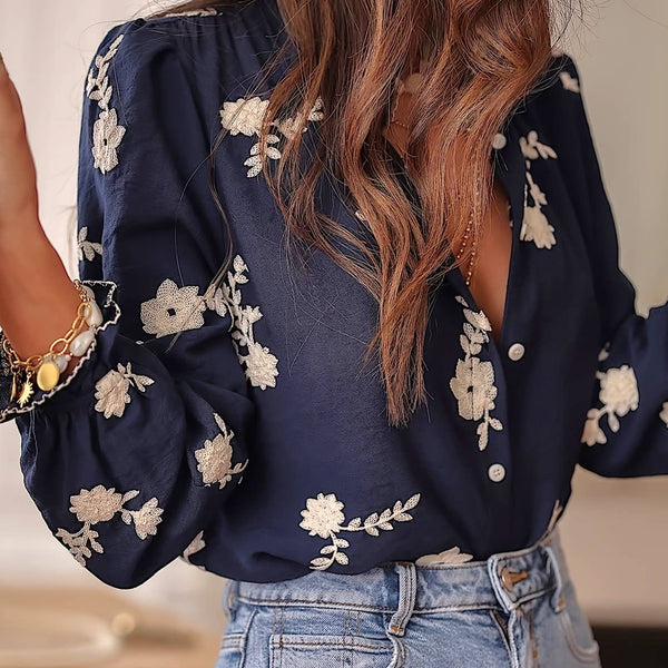 Boho Midnight Ecru Floral Ruffled Blouse
