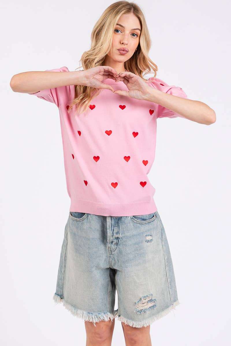 VALENTINES HEART SWEATER SHORT SLEEVE TOP
