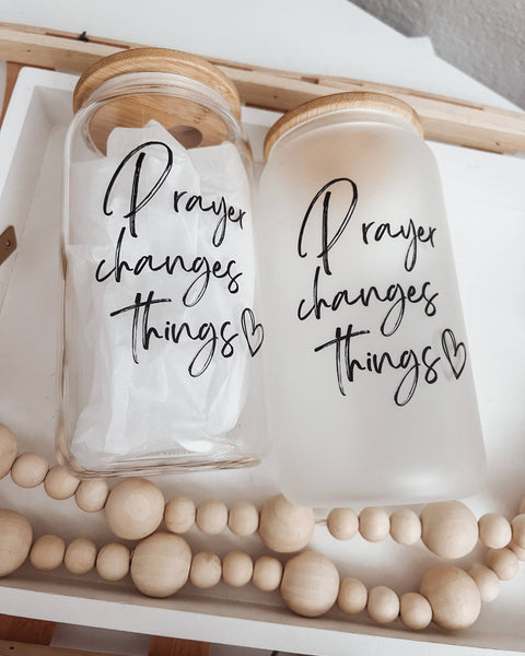 Prayer Changes Things 16oz Glass Cup with Bamboo Lid
