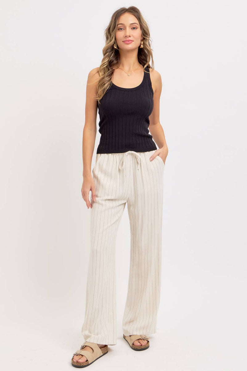 Linen Blend Striped Pull on Pants