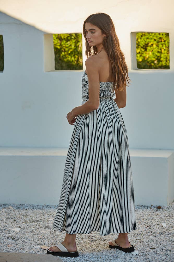 Striped Tube Neck Strapless Flare Maxi Dress