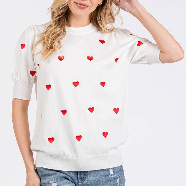 VALENTINES HEART SWEATER SHORT SLEEVE TOP
