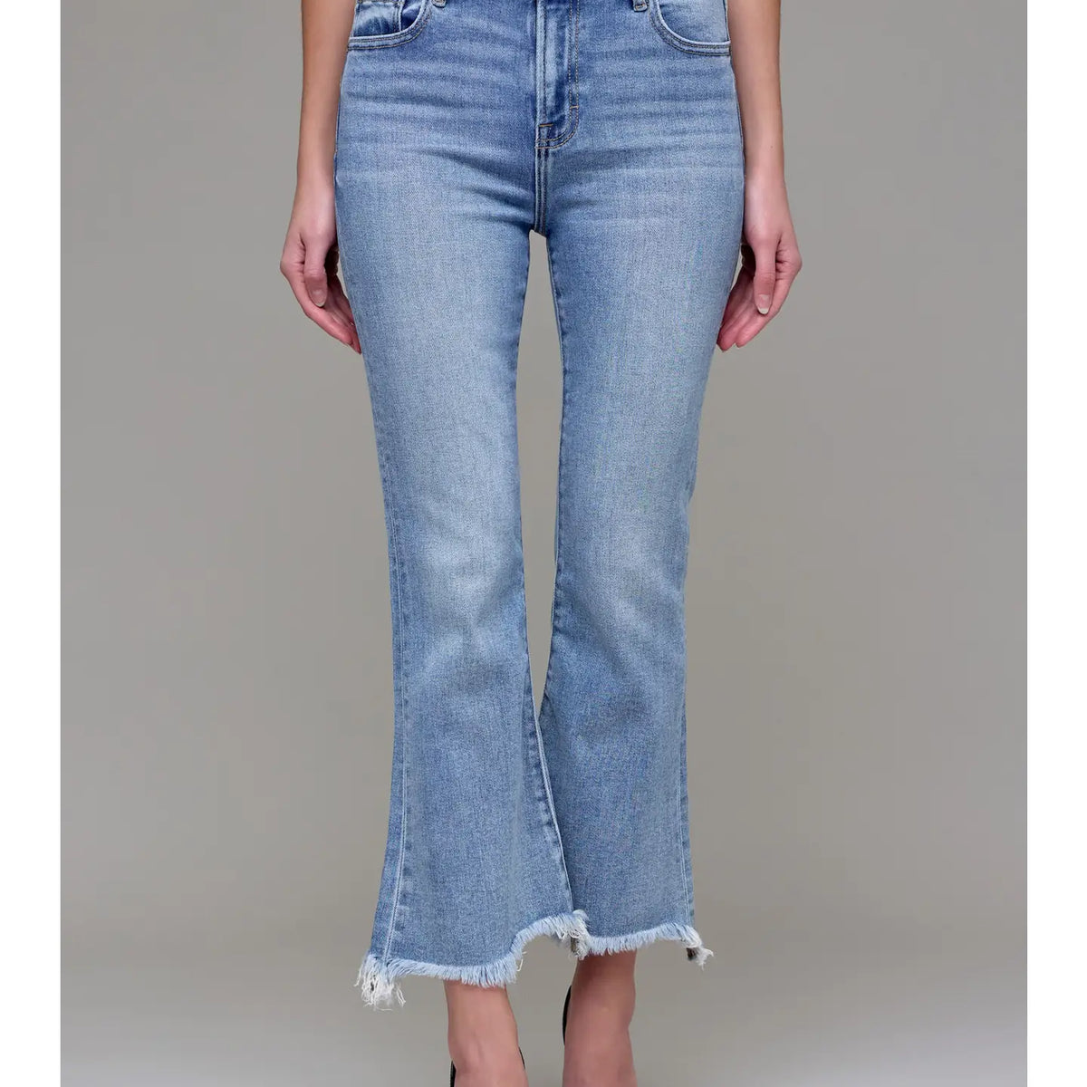 Medium Wash Clean Frayed Hem Stretch Crop Flare- Hidden