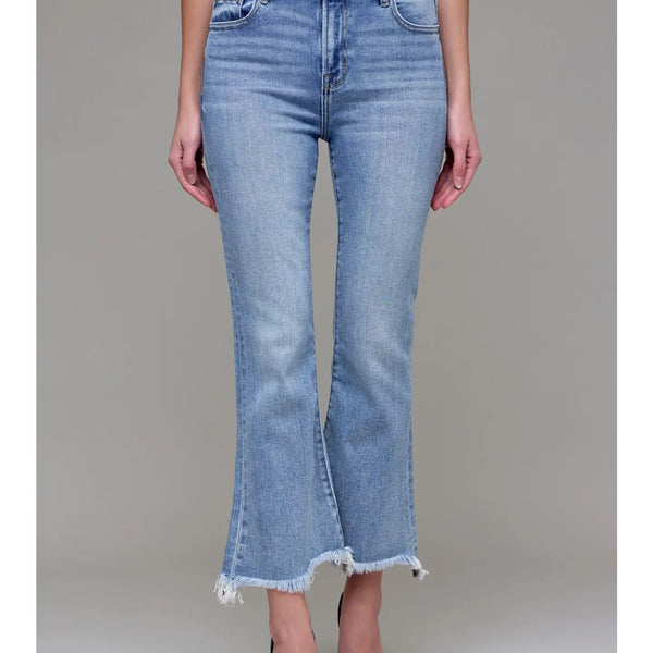 Medium Wash Clean Frayed Hem Stretch Crop Flare- Hidden
