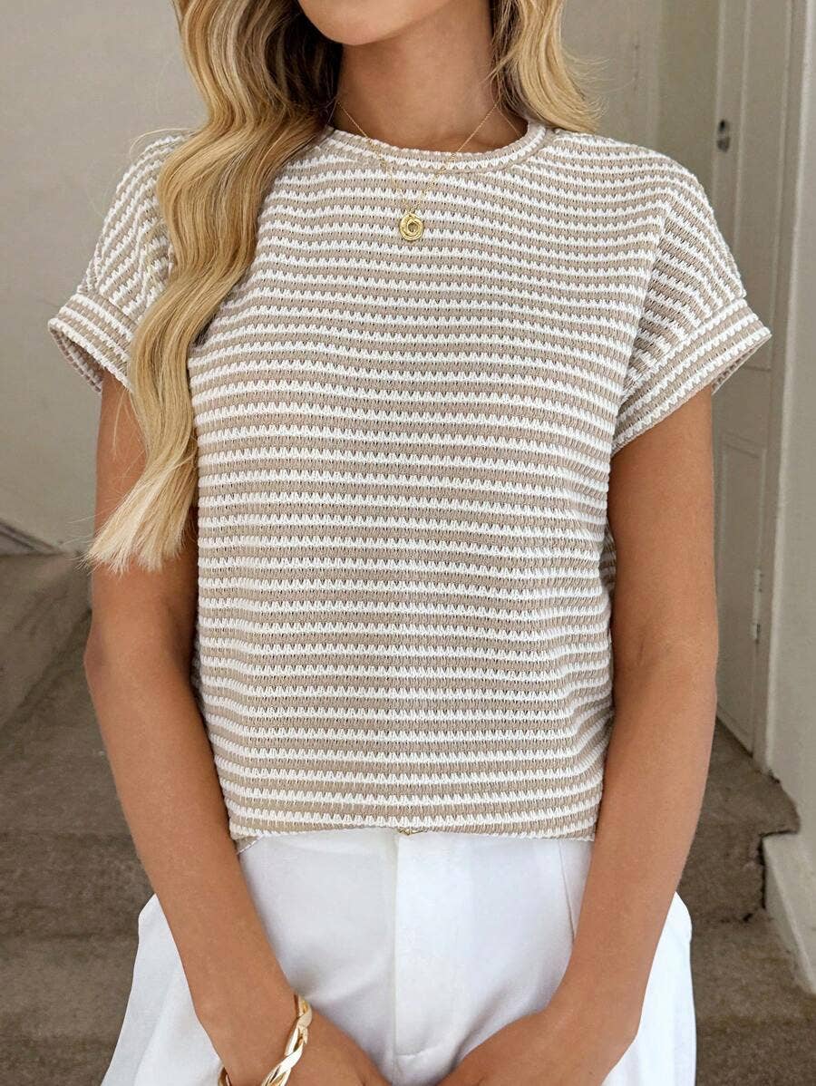Striped Knit Short Sleeve Pullover Sweater Top
