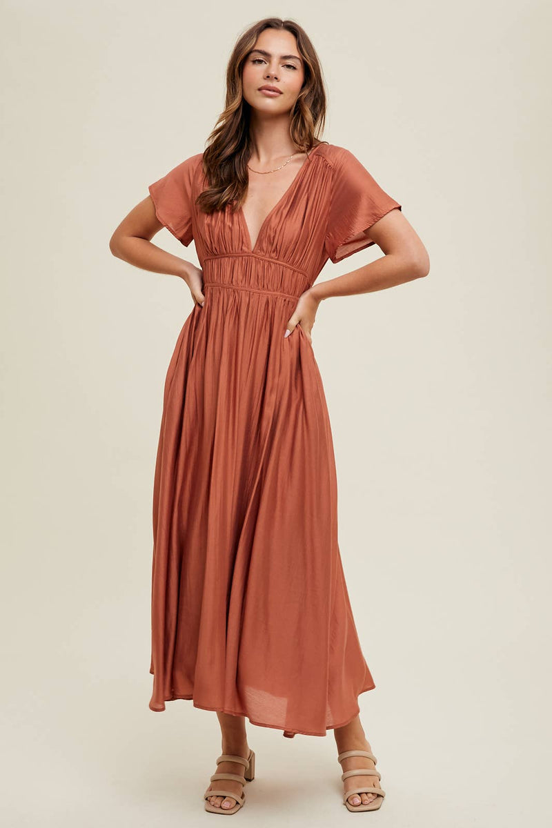 Satin Flutter Sleeve Midi Dress