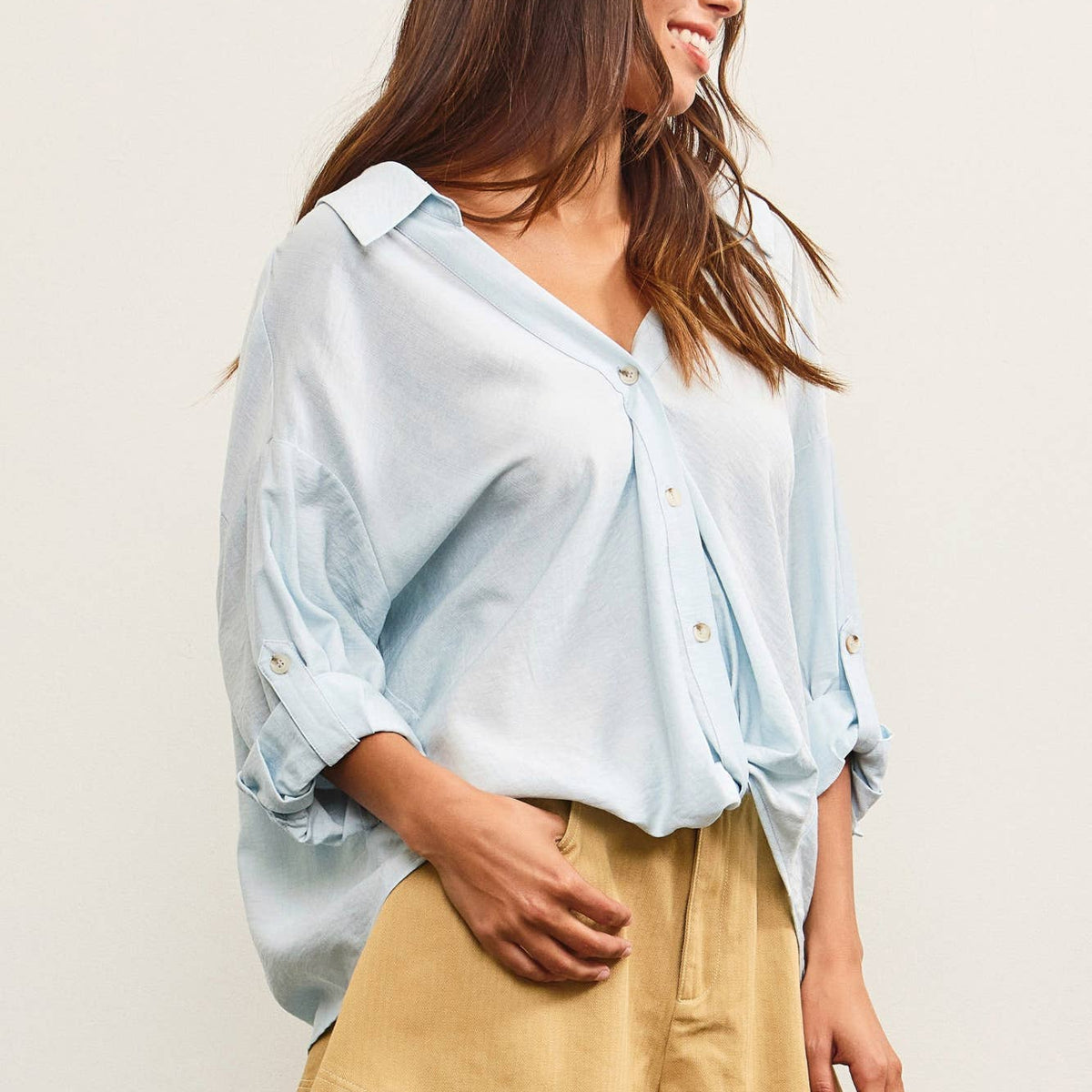 V-Neck Knotted Button Up