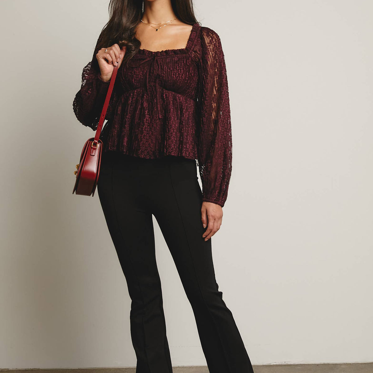 Zoey Pleated Lace Peplum Blouse