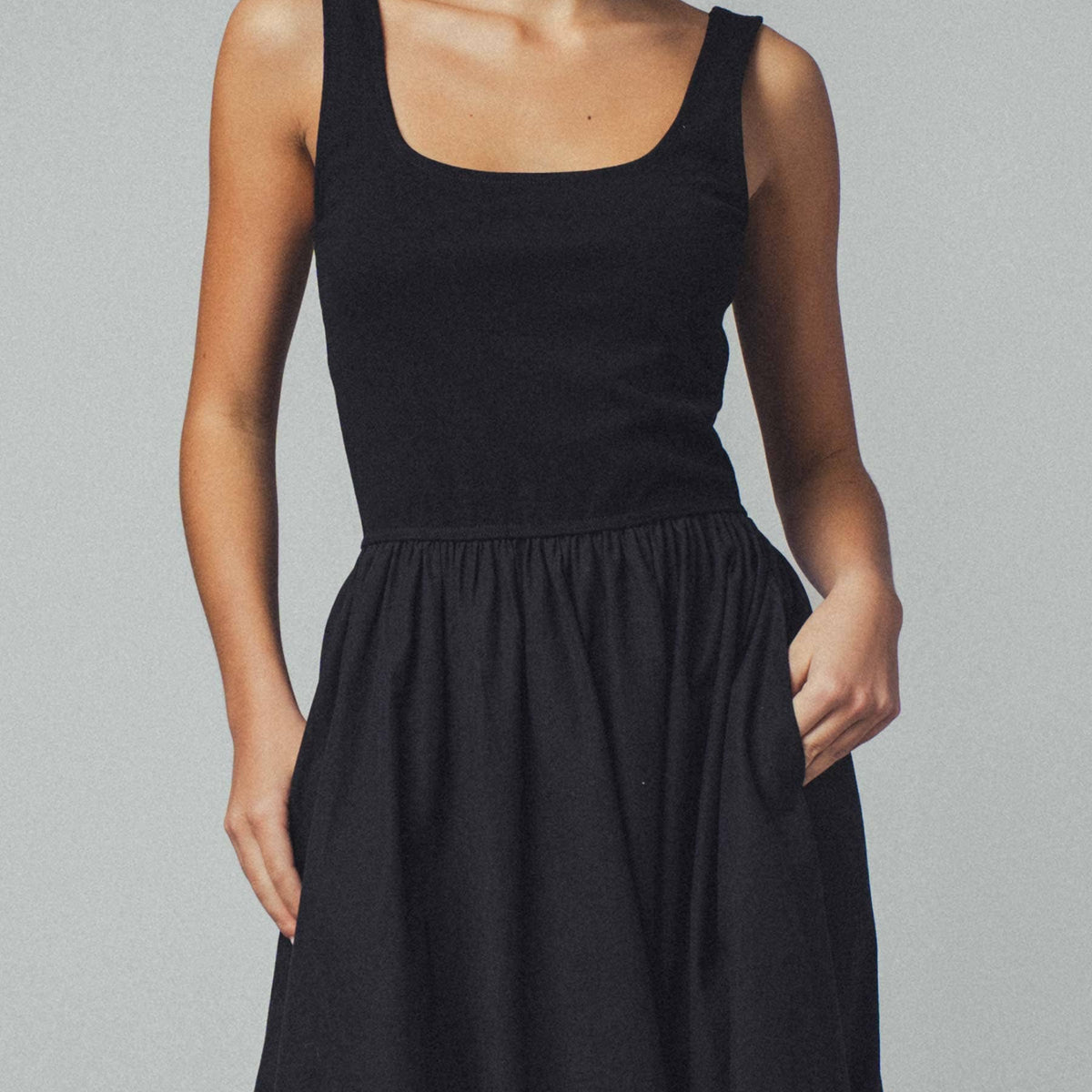 Elegant Square Neck Cotton Blend Gathered Waist Midi Dress
