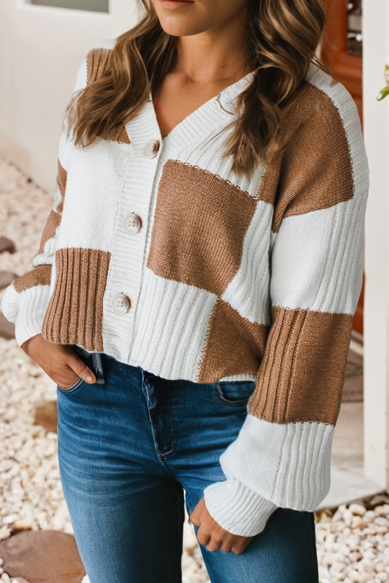 Checkered Ribbed Detail Button V-Neck Cardigan