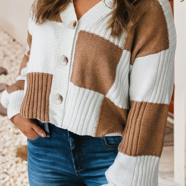 Checkered Ribbed Detail Button V-Neck Cardigan