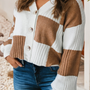 Checkered Ribbed Detail Button V-Neck Cardigan