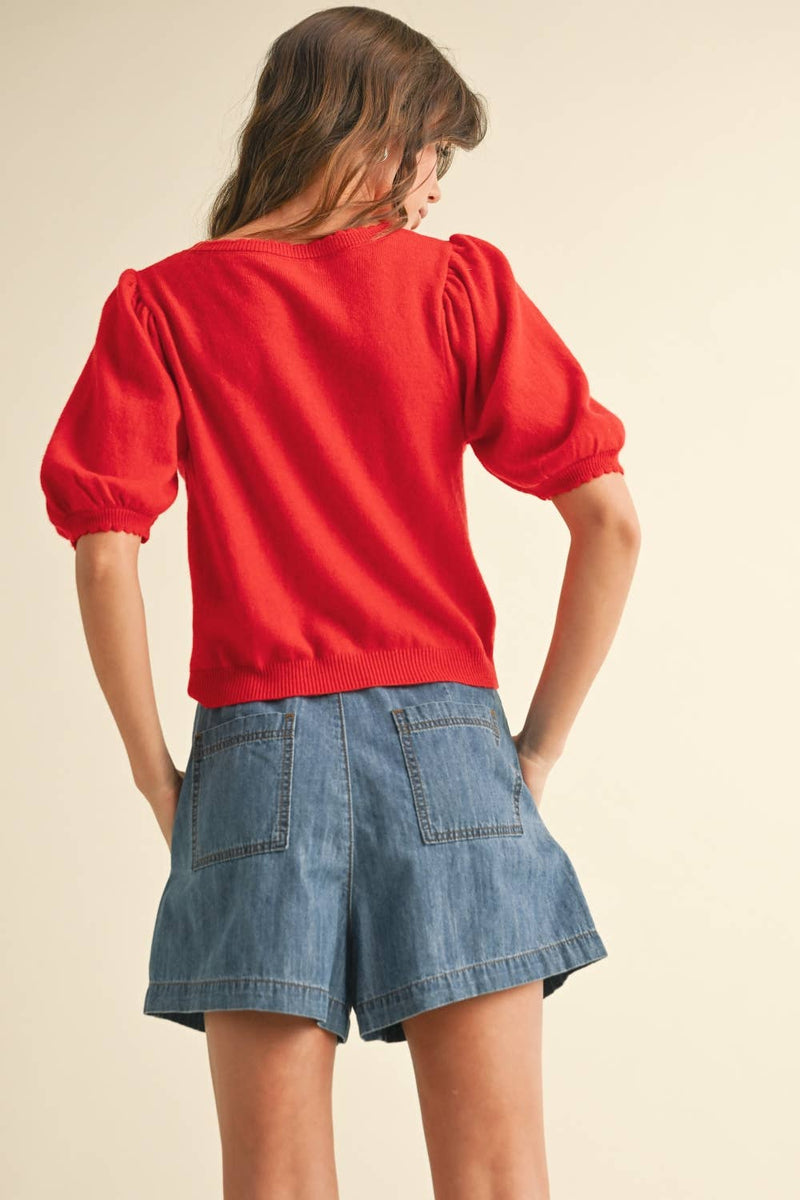 Puff Short Sleeve Button Down Knit Cardigan