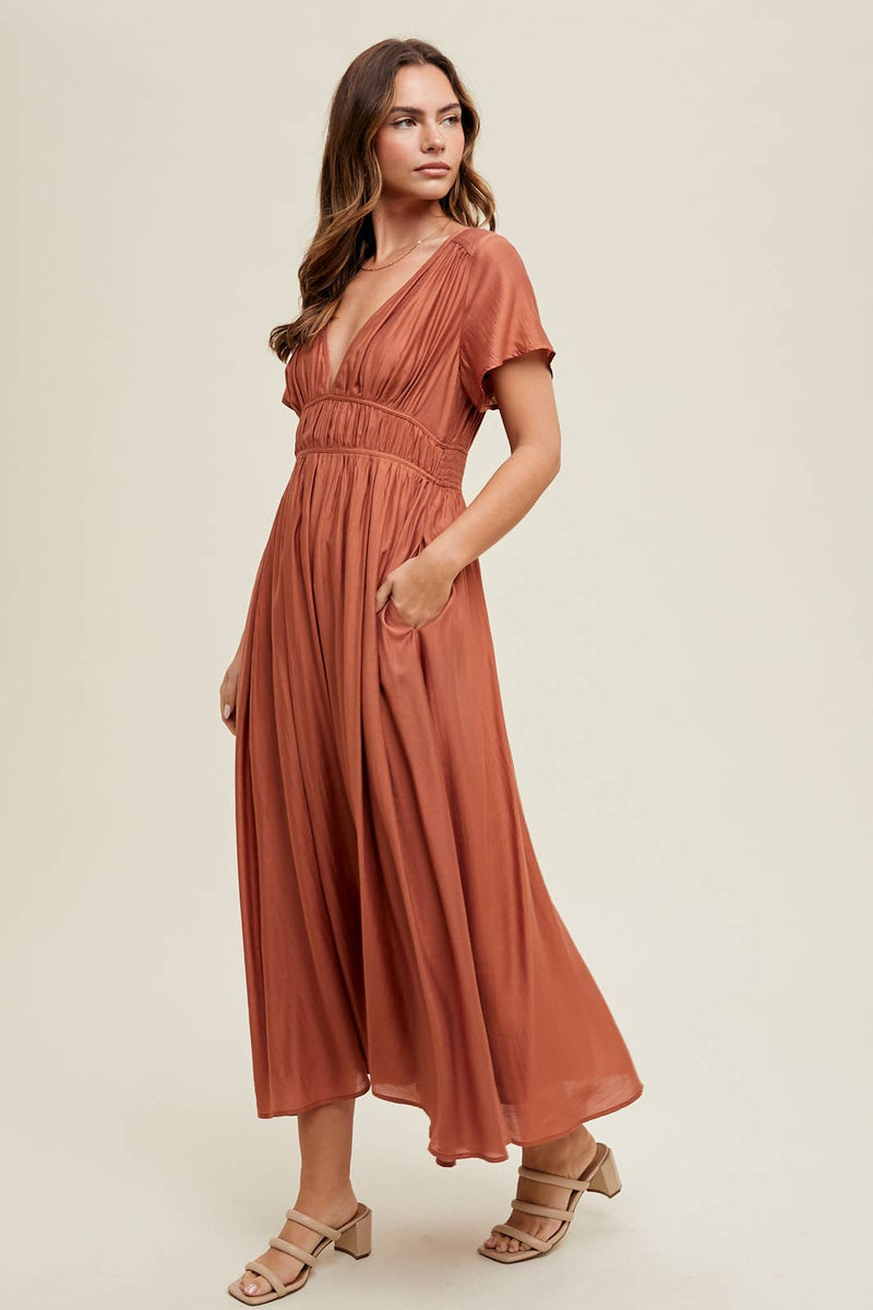 Satin Flutter Sleeve Midi Dress