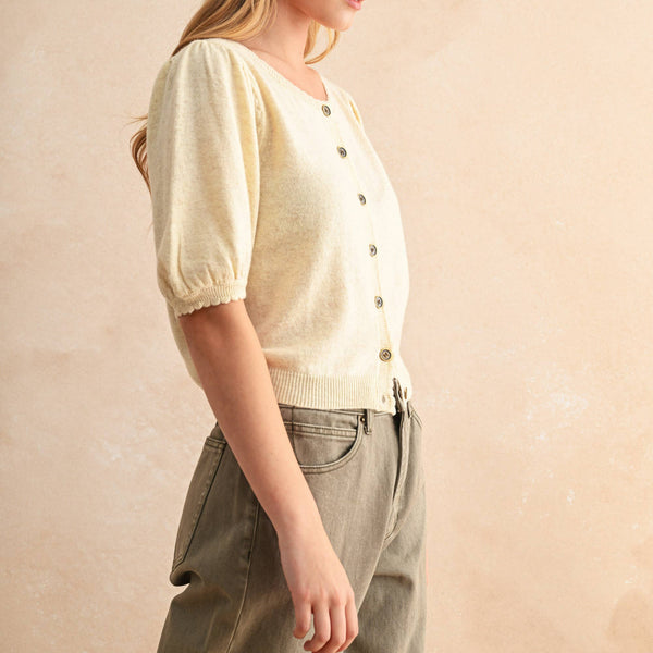 Puff Short Sleeve Button Down Knit Cardigan