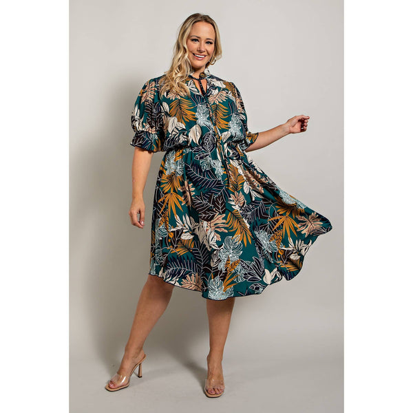 Fit N Flaire Self Tie Ruffle Neck Plus Size Dress