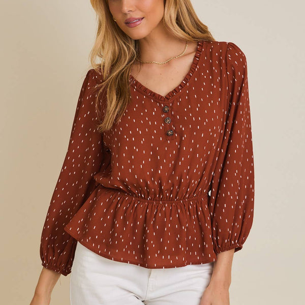 V-NECK BUTTON UP LONG SLEEVE FLARE HEM ABSTRACT TOP