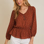 V-NECK BUTTON UP LONG SLEEVE FLARE HEM ABSTRACT TOP