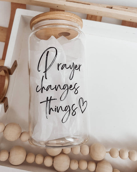 Prayer Changes Things 16oz Glass Cup with Bamboo Lid