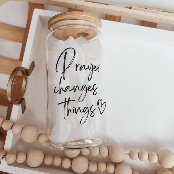 Prayer Changes Things 16oz Glass Cup with Bamboo Lid