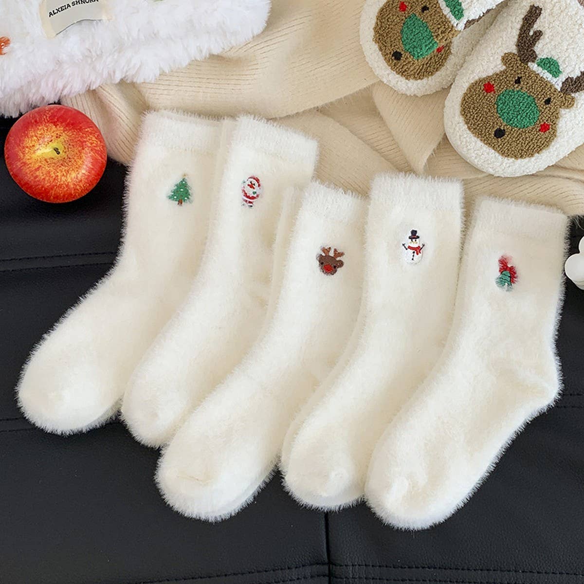 ACCITY - White Christmas Socks Women Fleece Warm Cozy_CWMS02813
