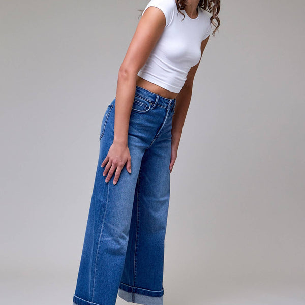 Medium Wash 3" Cuffed High Rise Wide leg- Hidden Jeans