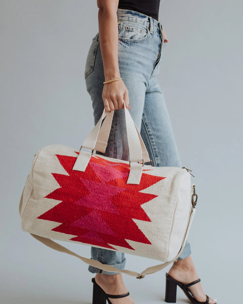 Cream, Red & Pink Aztec Duffel