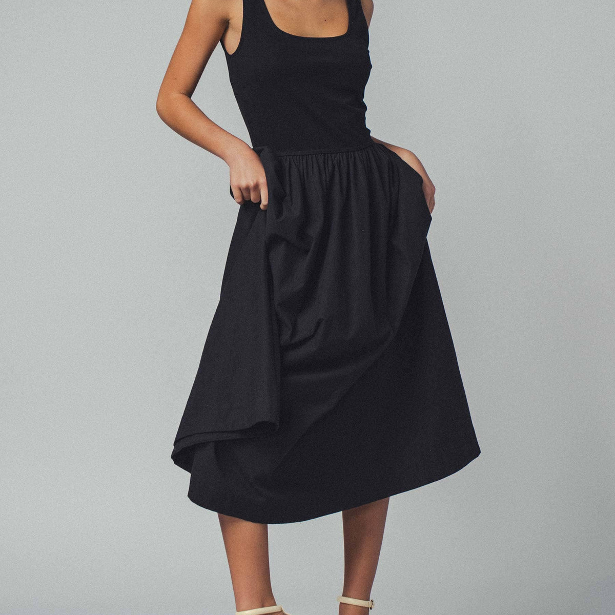 Elegant Square Neck Cotton Blend Gathered Waist Midi Dress