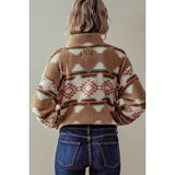 Light brown aztec print womens sherpa jacket. Perfect for winter clothing. 