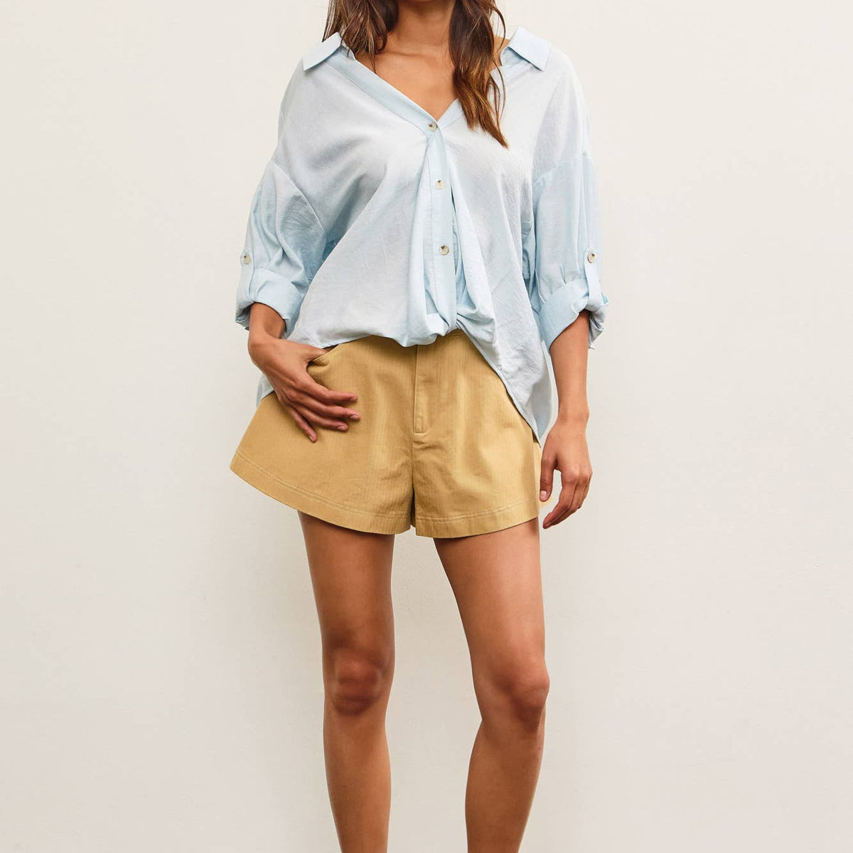 V-Neck Knotted Button Up
