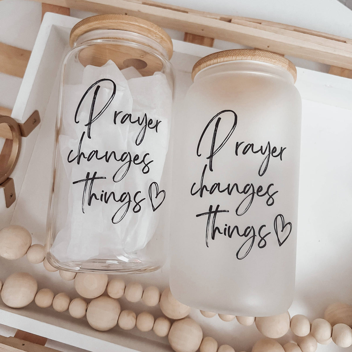 Prayer Changes Things 16oz Glass Cup with Bamboo Lid