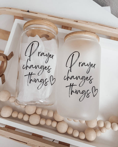 Prayer Changes Things 16oz Glass Cup with Bamboo Lid