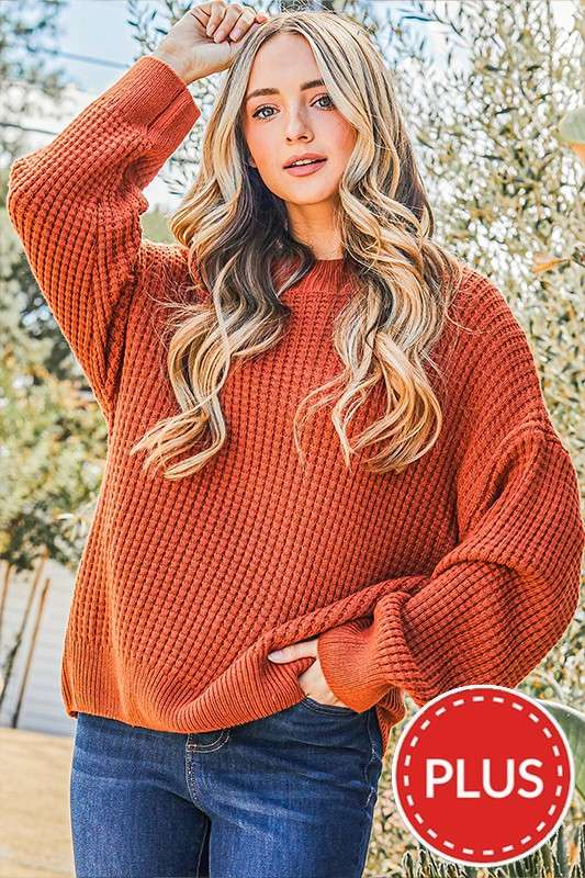 Cozy and Soft Waffle Basic Pullover Sweater- Curvy