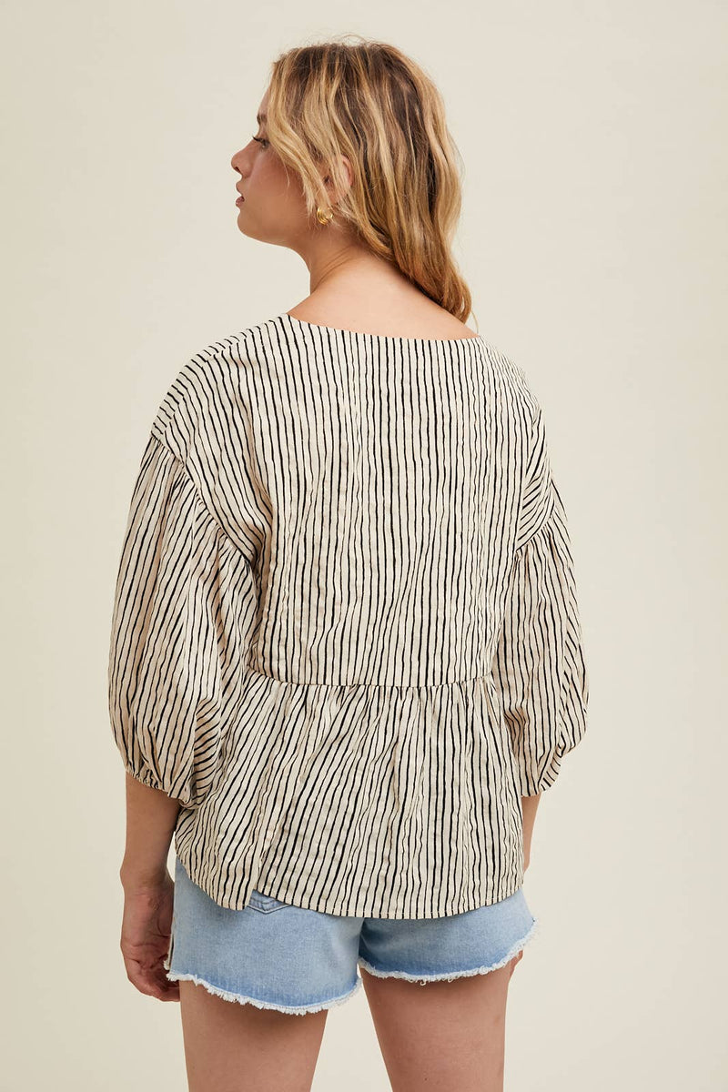 Striped 3/4 Balloon Sleeve Top