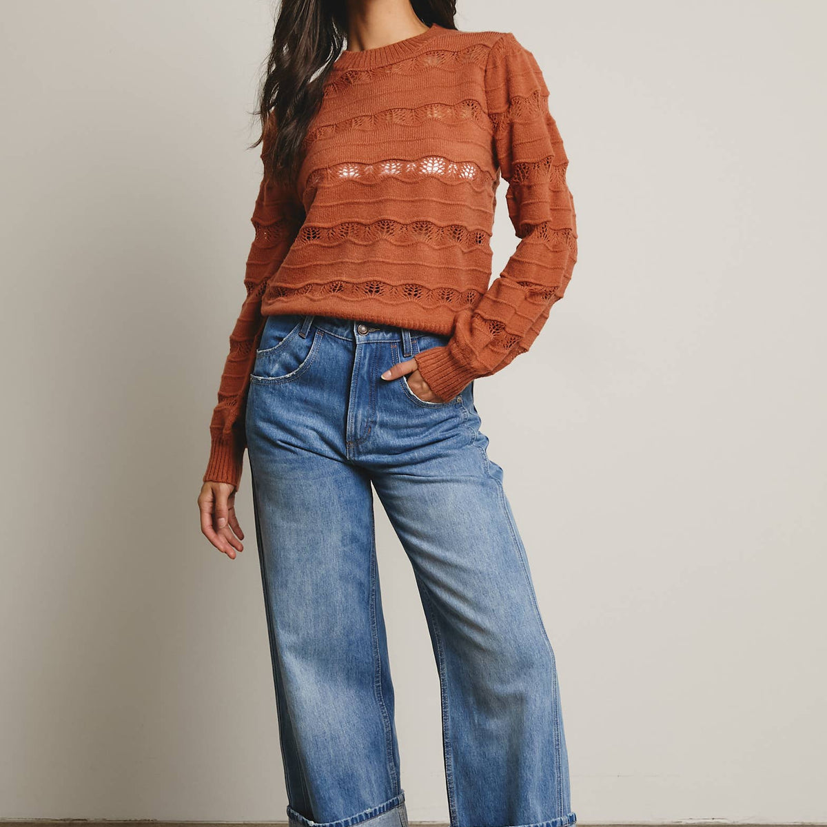 Olivia Pointelle Stripe Knit Pullover