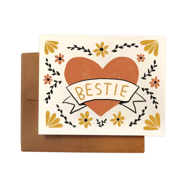 White heart and flowers "bestie" card. Perfect accessory for gifts. 