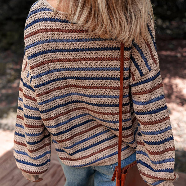 Striped Knitted Drop Shoulder Crew Neck Sweater