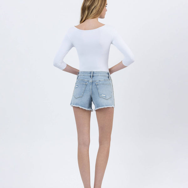 High Rise Distressed Studded Shorts- Vervet