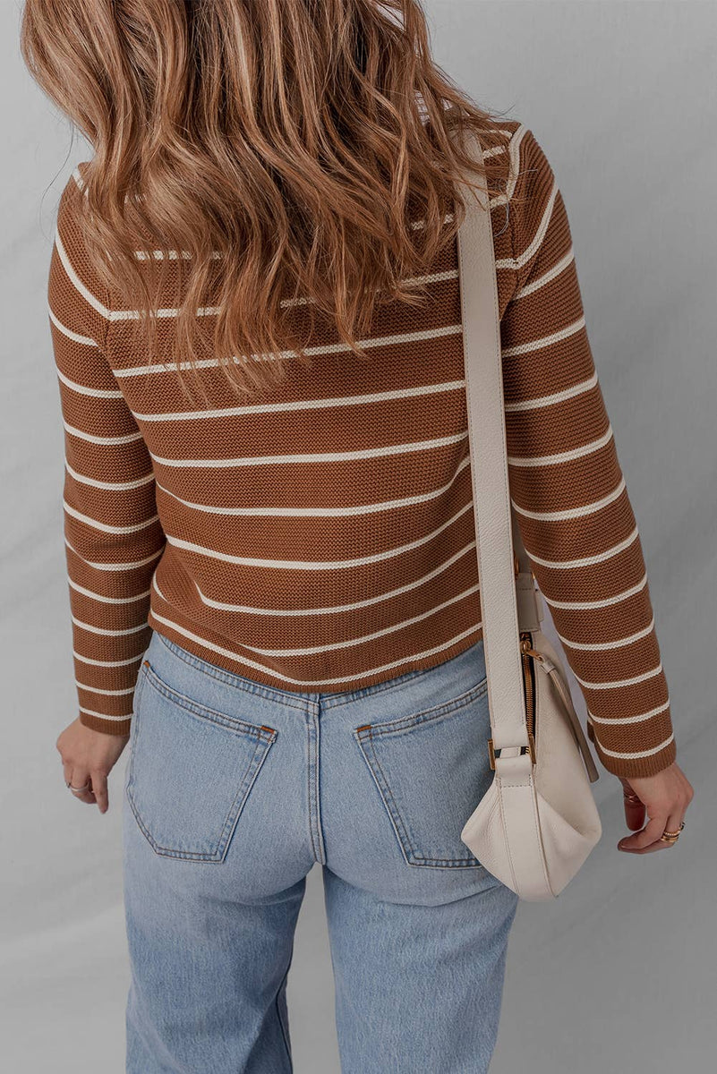 V-Neck Tie Front Striped Knit Cardigan Sweater